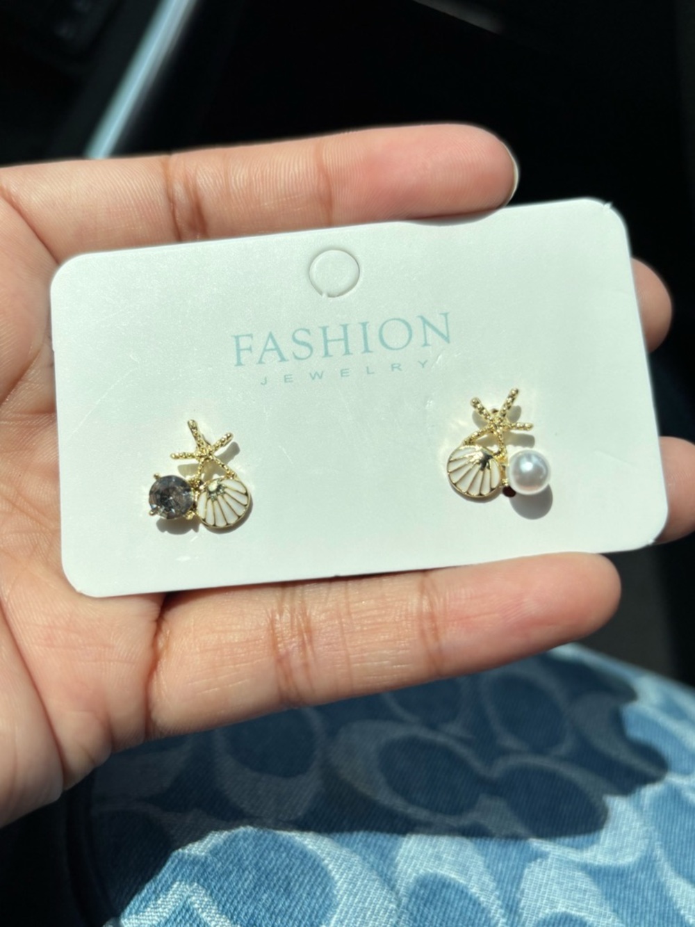 Small Beach Stud Earrings Gold Shell & Starfish- Pearl & Rhinestone Accent